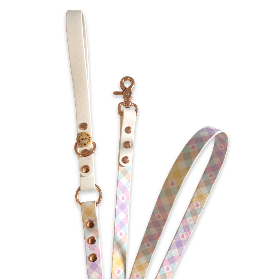 Handgefertigte Hundeleine - Veganes Leder - Pastell Vichy - Weiß - Pfotenlieblinge