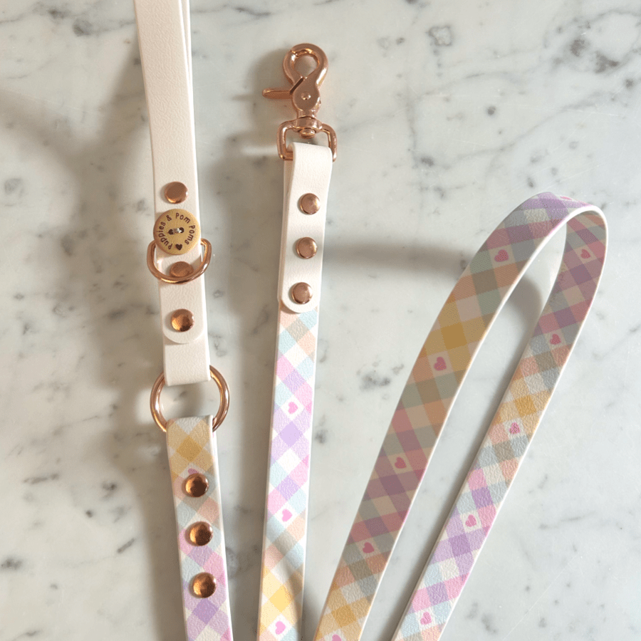 Handgefertigte Hundeleine - Veganes Leder - Pastell Vichy - Weiß - Pfotenlieblinge