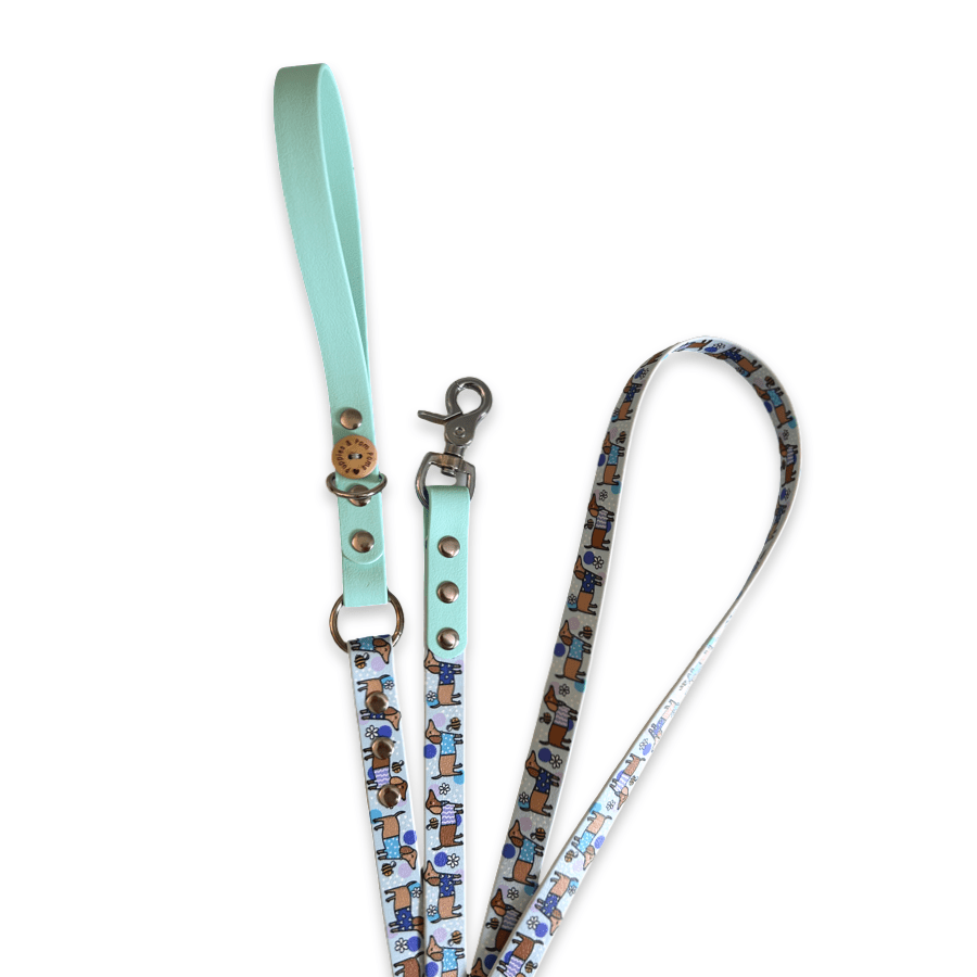 Handgefertigte vegane Lederhundeleine - Bee Happy Dachshunds - Blau - Pfotenlieblinge
