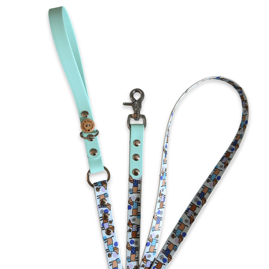 Handgefertigte vegane Lederhundeleine - Bee Happy Dachshunds - Blau - Pfotenlieblinge