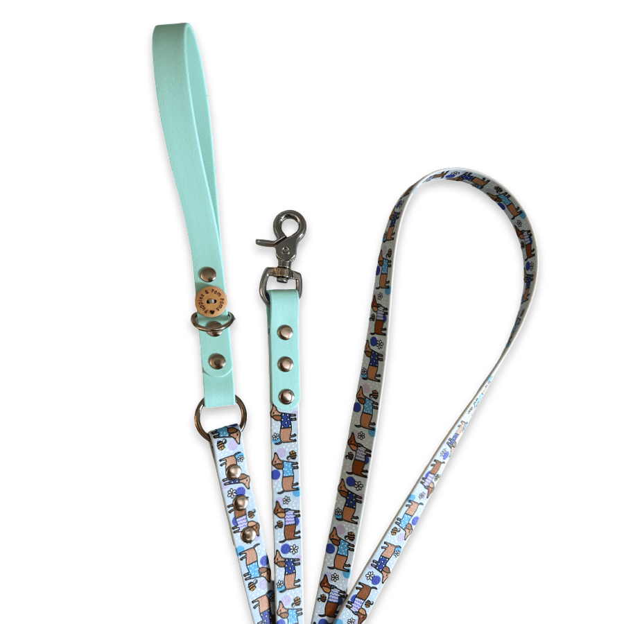 Handgefertigte vegane Lederhundeleine - Bee Happy Dachshunds - Blau - Pfotenlieblinge