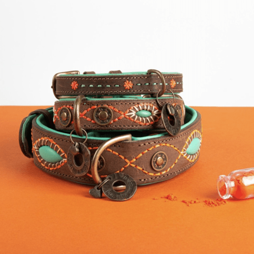 Joplin Lederhalsband Braun/Türkis – Handgefertigt & Stilvoll - Pfotenlieblinge