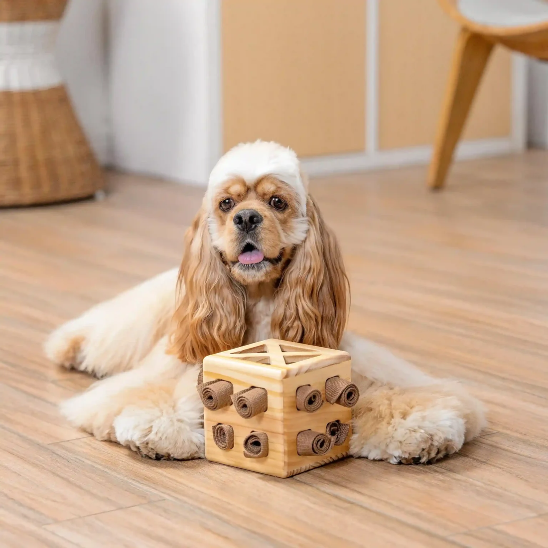 Intelligenzspiel Schnüffelwürfel – Denkspiel aus Holz für Hunde