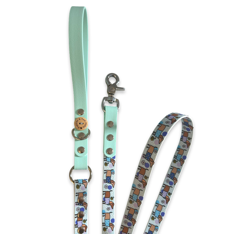 Handgefertigte vegane Lederhundeleine - Bee Happy Dachshunds - Blau