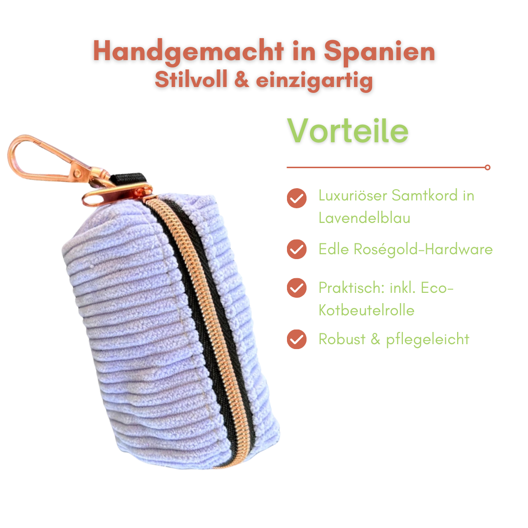 Luxuriöser Samtkord-Kotbeutelhalter Lavendelblau – mit Roségold
