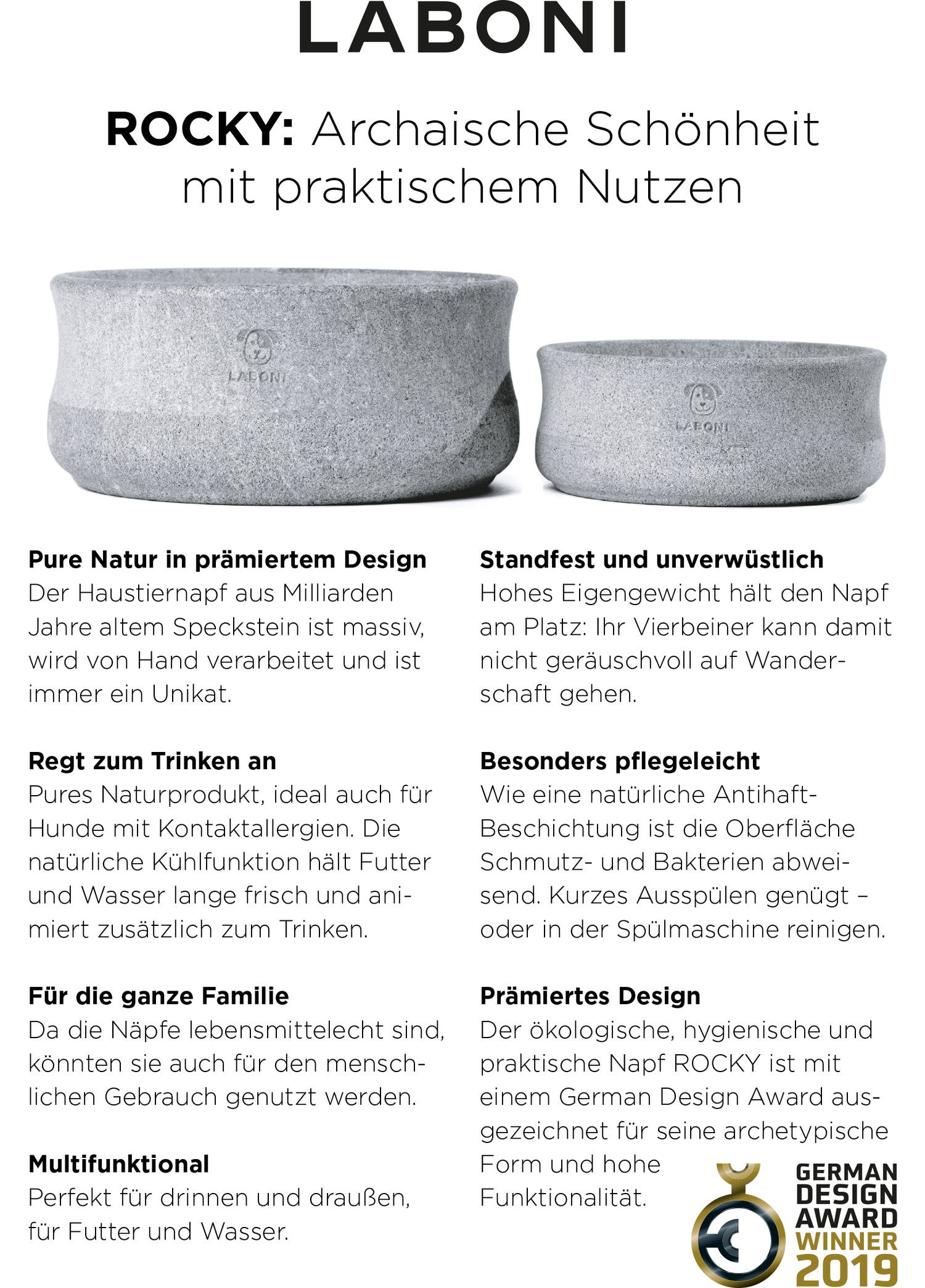 ROCKY Naturstein-Napf – selbstkühlend, stilvoll &amp; massiv