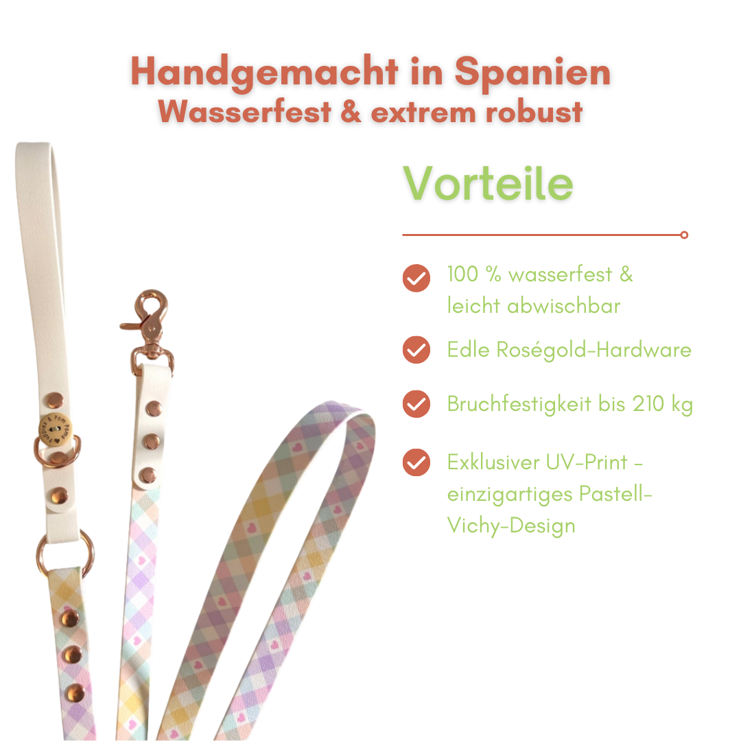 Handgefertigte Hundeleine - Veganes Leder - Pastell Vichy - Weiß