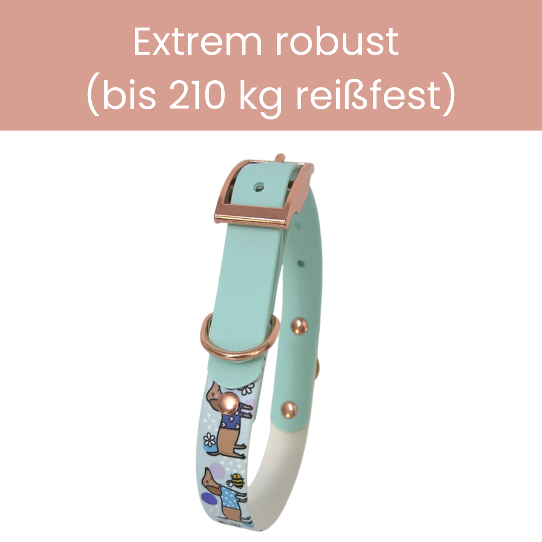 Bee Happy Dachshunds — Handgefertigtes Biothan-Hundehalsband — Babyblau