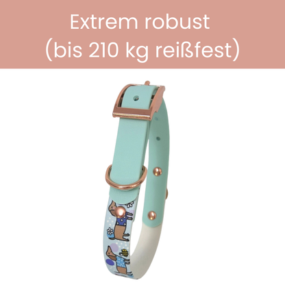 Bee Happy Dachshunds — Handgefertigtes Biothan-Hundehalsband — Babyblau