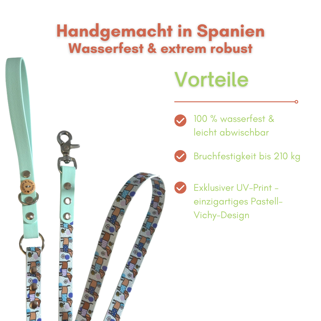Handgefertigte vegane Lederhundeleine - Bee Happy Dachshunds - Blau