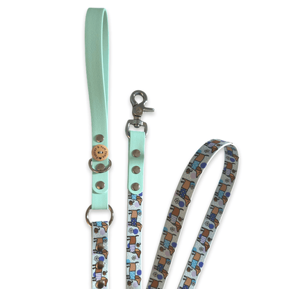 Handgefertigte vegane Lederhundeleine - Bee Happy Dachshunds - Blau - Pfotenlieblinge