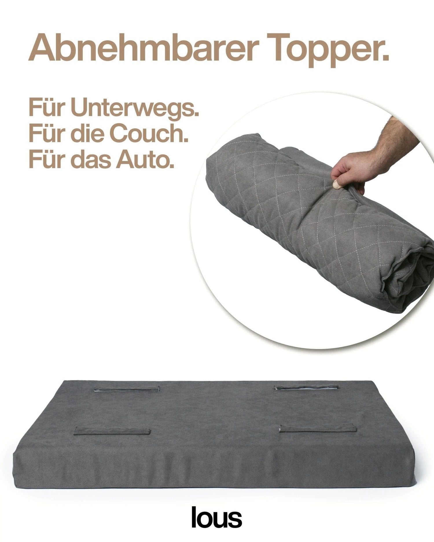 Lous 2 in 1 Hundebett mit abnehmbarem Topper für zu Hause und unterwegs.