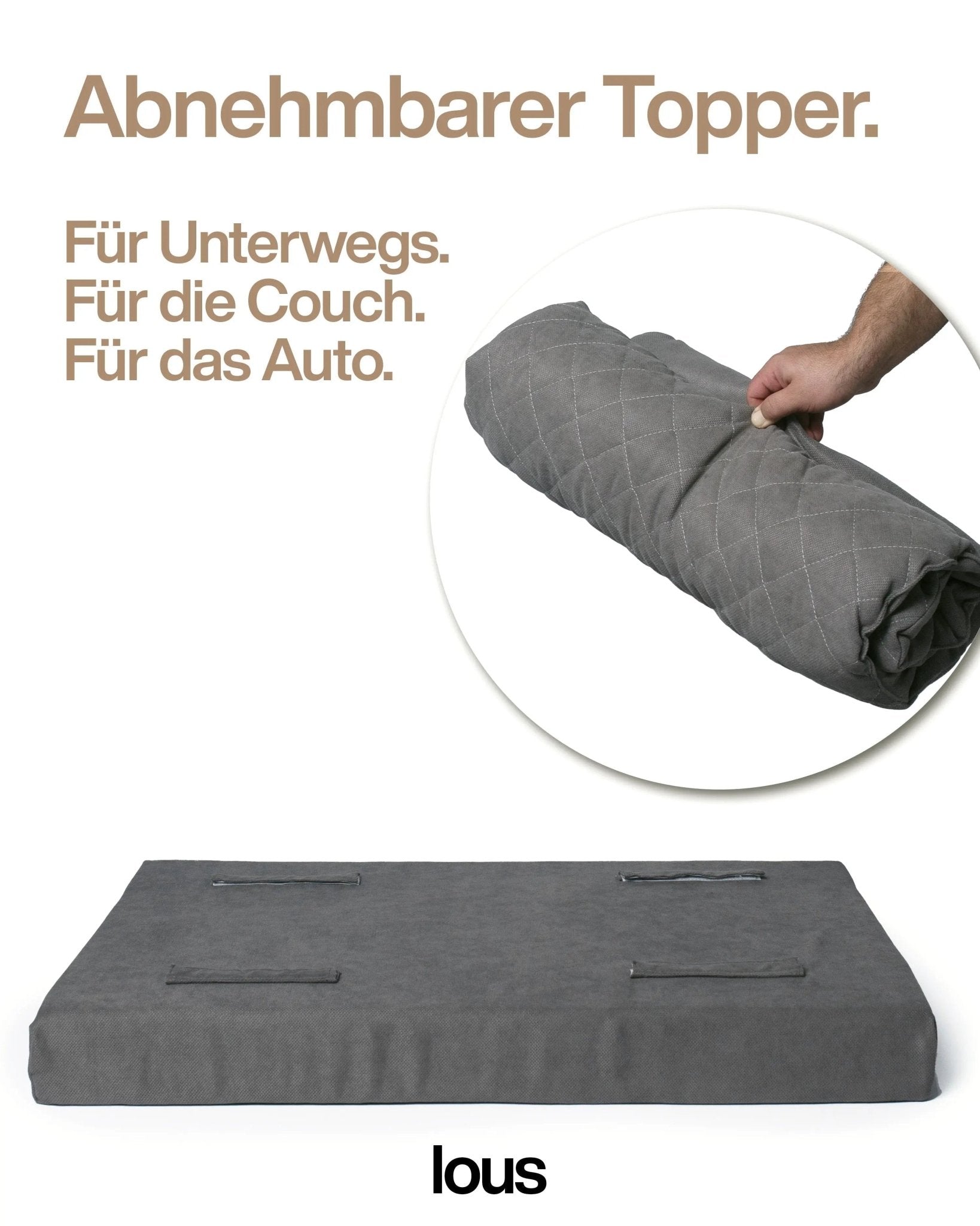 Lous 2 in 1 Hundebett mit abnehmbarem Topper für zu Hause und unterwegs.