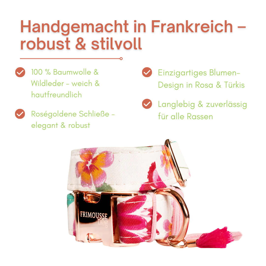 Handgemachtes Blumen-Halsband – Baumwolle &amp; Wildleder, Made in France