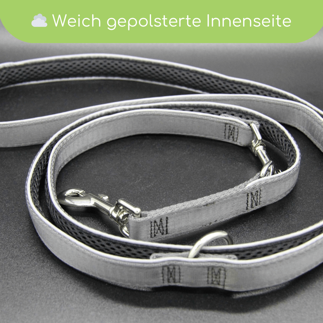 StyleSnout® Führleine Silver - Black – gepolstert, reflektierend &amp; mehrfach verstellbar - Pfotenlieblinge