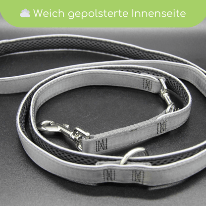 StyleSnout® Führleine Silver - Black – gepolstert, reflektierend &amp; mehrfach verstellbar - Pfotenlieblinge