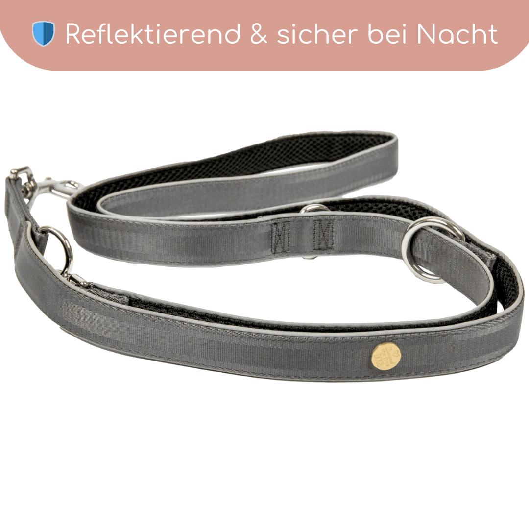 StyleSnout® Führleine Silver - Black – gepolstert, reflektierend &amp; mehrfach verstellbar - Pfotenlieblinge