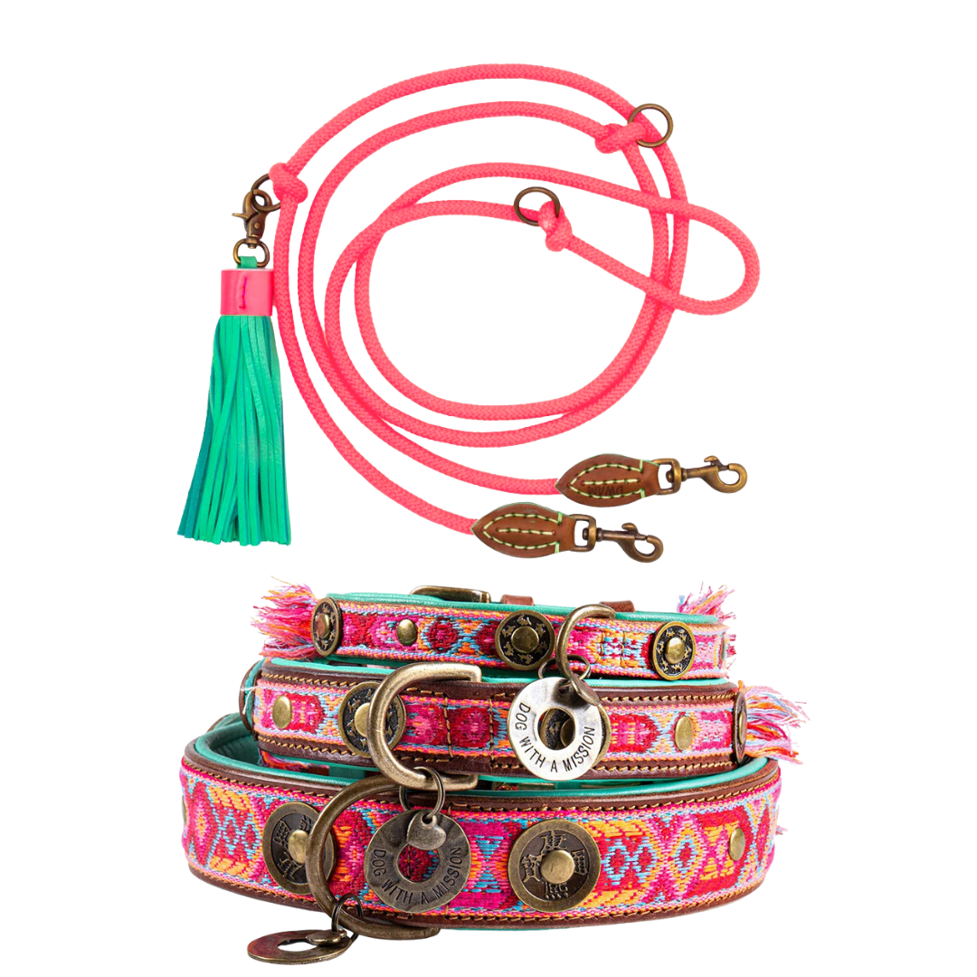 Exklusives Set: Boho rosa Halsband + Leine „Sugarbabe“
